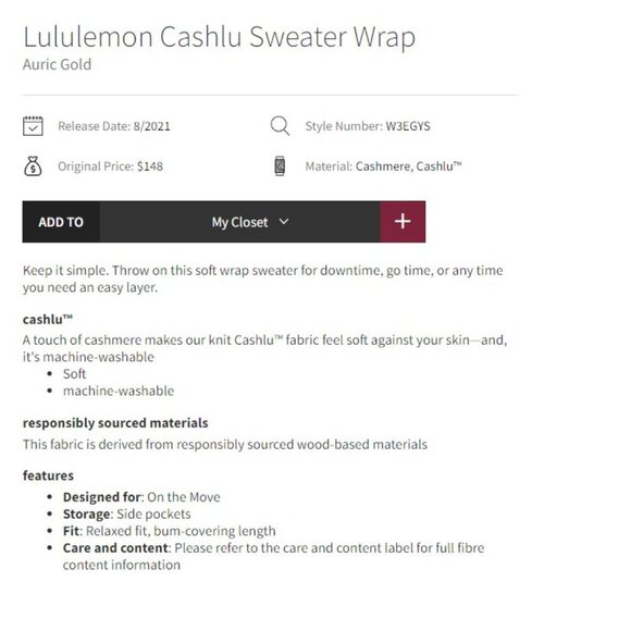 Lululemon Cashlu Sweater Wrap Cardigan Cashmere Blend Oversized Auric Gold XS/S - Picture 8 of 17